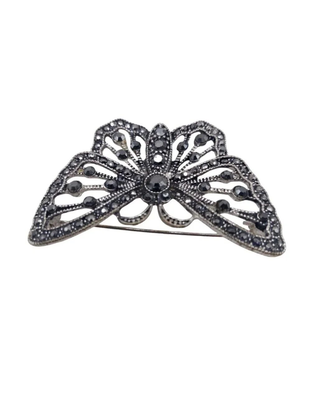 Marcasite Butterfly Brooch Pin Filigree Silver Tone Crystal Insect Vintage